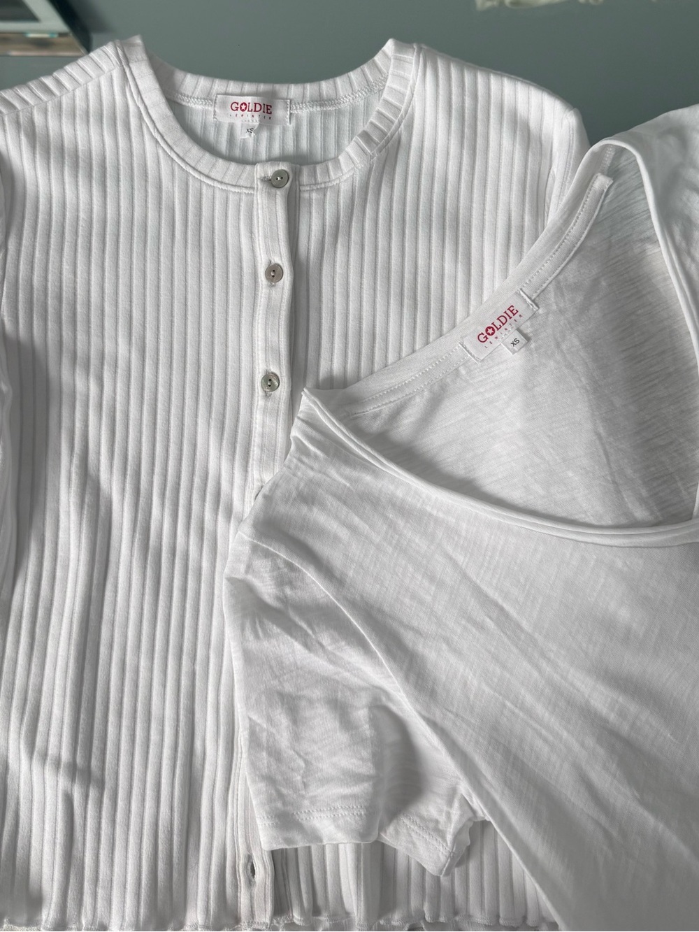 BUNDLE 💕 Goldie White Ribbed Button Cardigan AND White V‑Neck Tee SZ: XS NWOT
